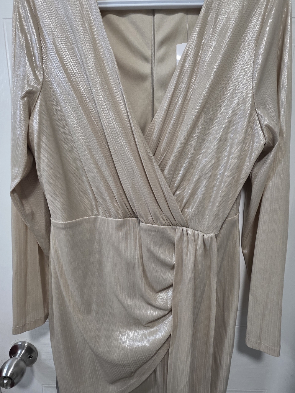 le chateau Metallic Champagne Wrap-Style Long Sleeve Dress